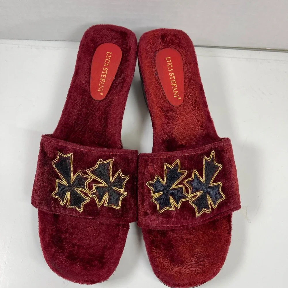 Vintage Luca Stefani Cross Velvet Wedge Sandals Women 41/10 Red Gothic Slides